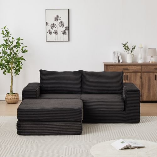 Canapé Compressé 194x169.5x74 Cm, 2 En 1, Tissu Velours Côtelé, Noir