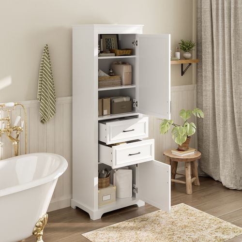 Armoire De Salle De Bain 60x39.9x180.3 Cm, 2 Tiroirs 2 Portes, Mdf, Couleur Blanc