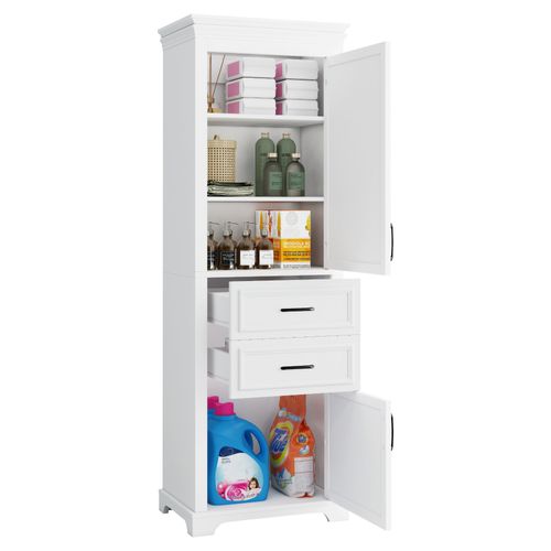 Armoire De Salle De Bain 60x39.9x180.3 Cm, 2 Tiroirs 2 Portes, Mdf, Couleur Blanc