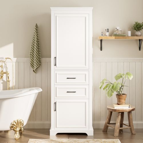 Armoire De Salle De Bain 60x39.9x180.3 Cm, 2 Tiroirs 2 Portes, Mdf, Couleur Blanc