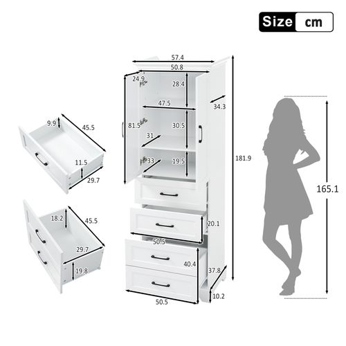 Armoire De Salle De Bain 57.4x37.8x181.9 Cm, 3 Tiroirs, Mdf Laqué, Poignées Noires, Blanc