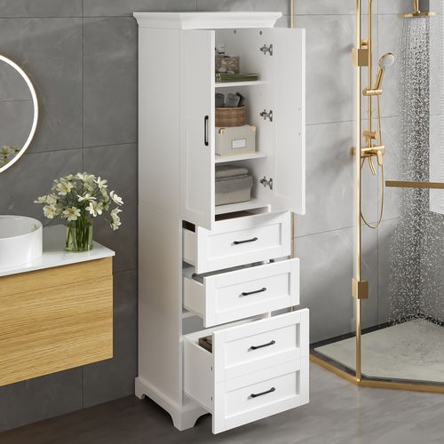 Armoire De Salle De Bain 57.4x37.8x181.9 Cm, 3 Tiroirs, Mdf Laqué, Poignées Noires, Blanc