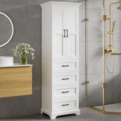 Armoire De Salle De Bain 57.4x37.8x181.9 Cm, 3 Tiroirs, Mdf Laqué, Poignées Noires, Blanc