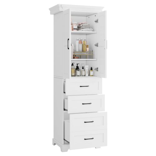 Armoire De Salle De Bain 57.4x37.8x181.9 Cm, 3 Tiroirs, Mdf Laqué, Poignées Noires, Blanc