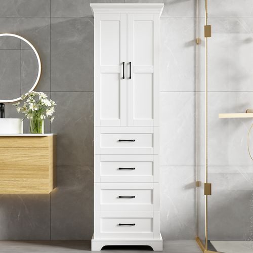 Armoire De Salle De Bain 57.4x37.8x181.9 Cm, 3 Tiroirs, Mdf Laqué, Poignées Noires, Blanc