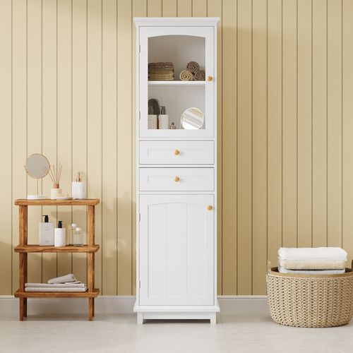 Armoire De Toilette 45.11x36.1x160 Cm, 2 Portes En Verre, 2 Tiroirs, Mdf, Blanc Avec Poignées Dorées