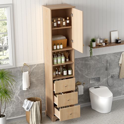 Armoire De Salle De Bain 40x30x172 Cm, 3 Tiroirs Et Porte, 2 Niches, Mdf Avec Pvc, Coloris Bois