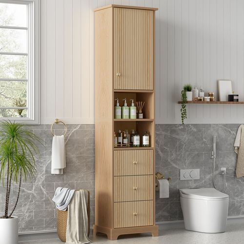 Armoire De Salle De Bain 40x30x172 Cm, 3 Tiroirs Et Porte, 2 Niches, Mdf Avec Pvc, Coloris Bois