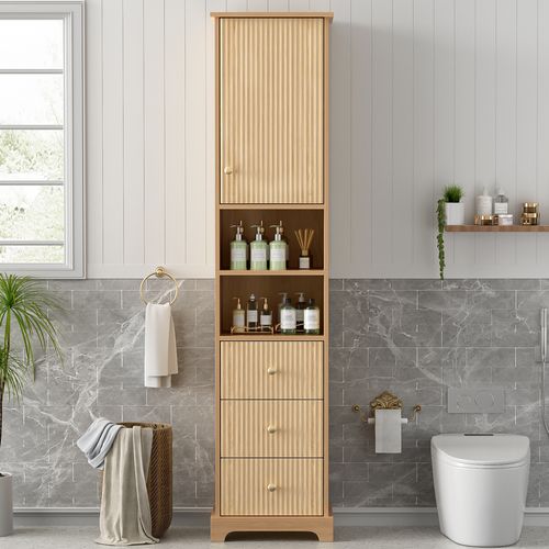Armoire De Salle De Bain 40x30x172 Cm, 3 Tiroirs Et Porte, 2 Niches, Mdf Avec Pvc, Coloris Bois