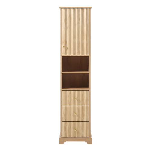 Armoire De Salle De Bain 40x30x172 Cm, 3 Tiroirs Et Porte, 2 Niches, Mdf Avec Pvc, Coloris Bois