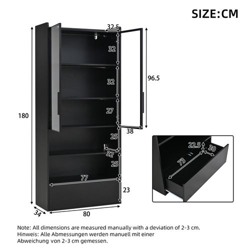 Vitrine Haute 80x34x180 Cm, Éclairage LED Pilotable, 2 Portes, 1 Tiroir, 2 Niches, Mdf, Verre, Noir