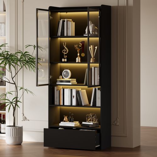 Vitrine Haute 80x34x180 Cm, Éclairage LED Pilotable, 2 Portes, 1 Tiroir, 2 Niches, Mdf, Verre, Noir