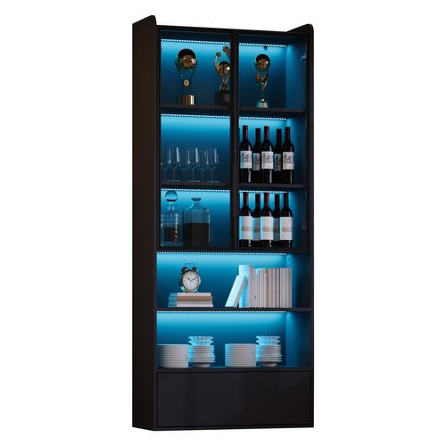 Vitrine Haute 80x34x180 Cm, Éclairage LED Pilotable, 2 Portes, 1 Tiroir, 2 Niches, Mdf, Verre, Noir