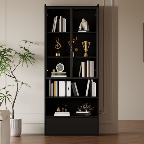 Vitrine Haute 80x34x180 Cm, Éclairage LED Pilotable, 2 Portes, 1 Tiroir, 2 Niches, Mdf, Verre, Noir
