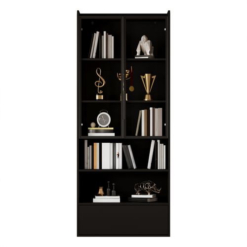 Vitrine Haute 80x34x180 Cm, Éclairage LED Pilotable, 2 Portes, 1 Tiroir, 2 Niches, Mdf, Verre, Noir