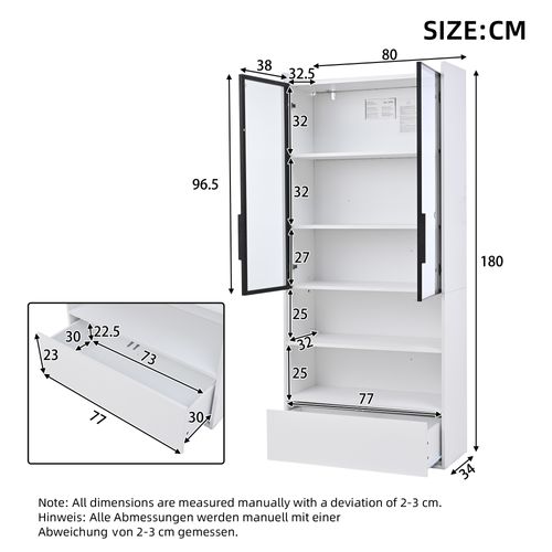 Vitrine Haute 80x34x180 Cm, LED, 1 Tiroir, 2 Portes En Verre, 2 Niches, Mdf, Blanc+noir