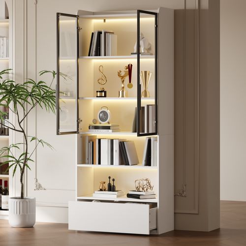 Vitrine Haute 80x34x180 Cm, LED, 1 Tiroir, 2 Portes En Verre, 2 Niches, Mdf, Blanc+noir