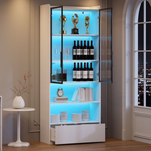 Vitrine Haute 80x34x180 Cm, LED, 1 Tiroir, 2 Portes En Verre, 2 Niches, Mdf, Blanc+noir