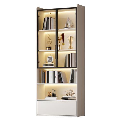 Vitrine Haute 80x34x180 Cm, LED, 1 Tiroir, 2 Portes En Verre, 2 Niches, Mdf, Blanc+noir