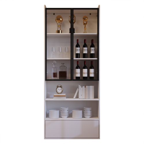 Vitrine Haute 80x34x180 Cm, LED, 1 Tiroir, 2 Portes En Verre, 2 Niches, Mdf, Blanc+noir