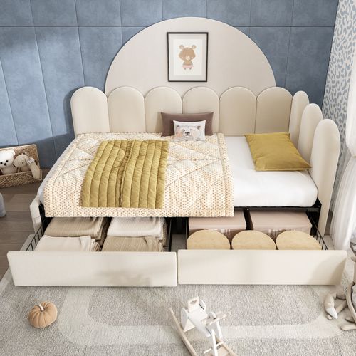 Lit Simple 90x190 Cm, 2 Tiroirs De Rangement, Cadre L Réversible, Revêtement En Velours, Beige