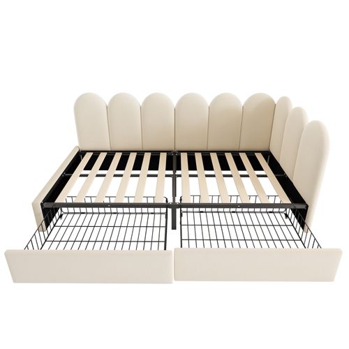 Lit Simple 90x190 Cm, 2 Tiroirs De Rangement, Cadre L Réversible, Revêtement En Velours, Beige