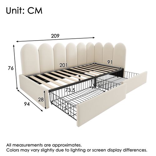 Lit Simple 90x200 Cm, 2 Grands Tiroirs Sur Roulettes, Design Modulable En L, Velours, Beige