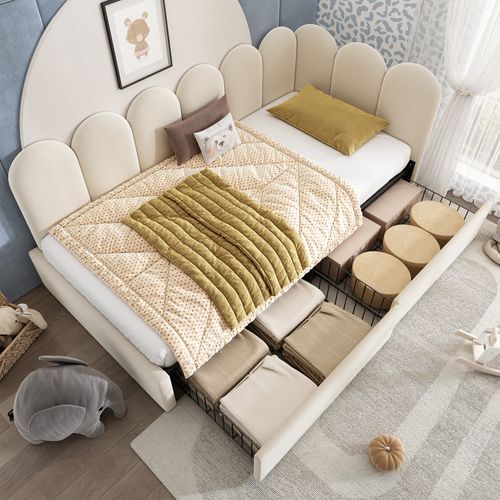 Lit Simple 90x200 Cm, 2 Grands Tiroirs Sur Roulettes, Design Modulable En L, Velours, Beige