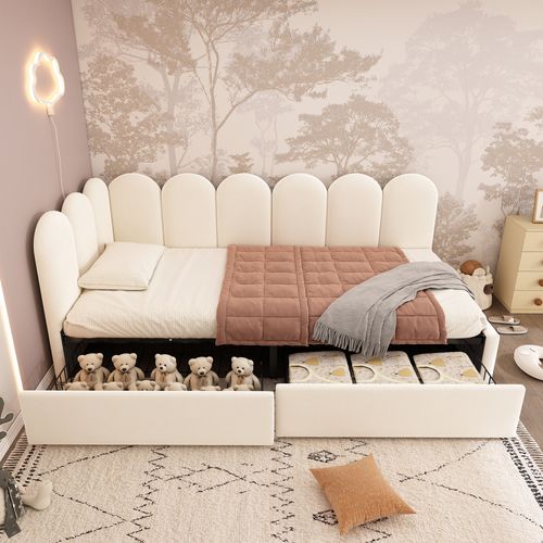 Lit Simple 90x200 Cm, 2 Grands Tiroirs Sur Roulettes, Design Modulable En L, Velours, Beige