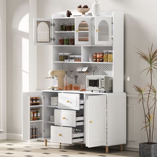 Buffet De Cuisine 120x40x190 Cm, 5 Portes, 3 Tiroirs, Mdf, Blanc, Pieds En Bois, Poignées Dorées