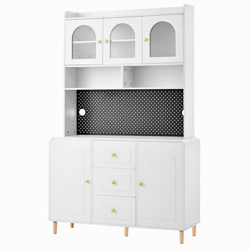 Buffet De Cuisine 120x40x190 Cm, 5 Portes, 3 Tiroirs, Mdf, Blanc, Pieds En Bois, Poignées Dorées