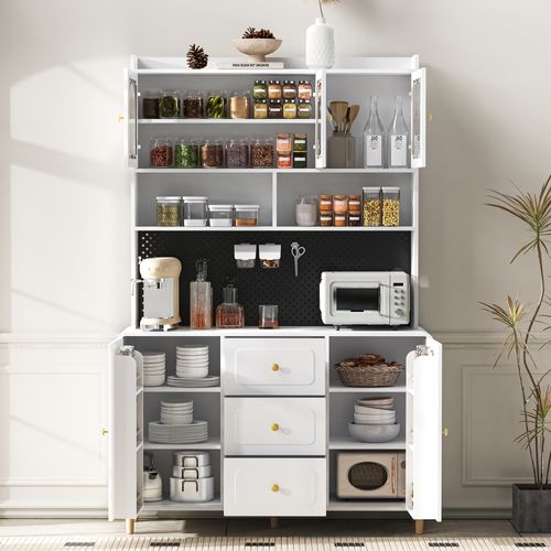 Buffet De Cuisine 120x40x190 Cm, 5 Portes, 3 Tiroirs, Mdf, Blanc, Pieds En Bois, Poignées Dorées