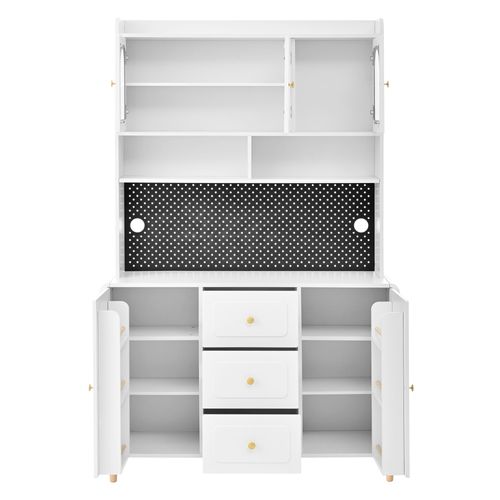 Buffet De Cuisine 120x40x190 Cm, 5 Portes, 3 Tiroirs, Mdf, Blanc, Pieds En Bois, Poignées Dorées