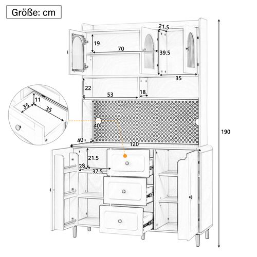Buffet De Cuisine 120x40x190 Cm, 5 Portes, 3 Tiroirs, Mdf, Verre Cannelé, Noir, Pieds En Bois