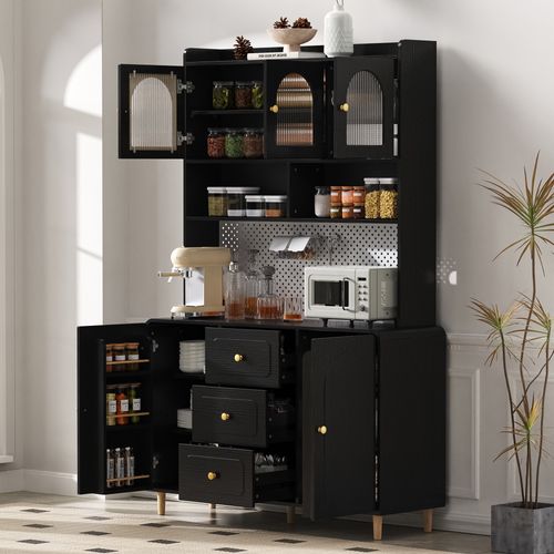 Buffet De Cuisine 120x40x190 Cm, 5 Portes, 3 Tiroirs, Mdf, Verre Cannelé, Noir, Pieds En Bois