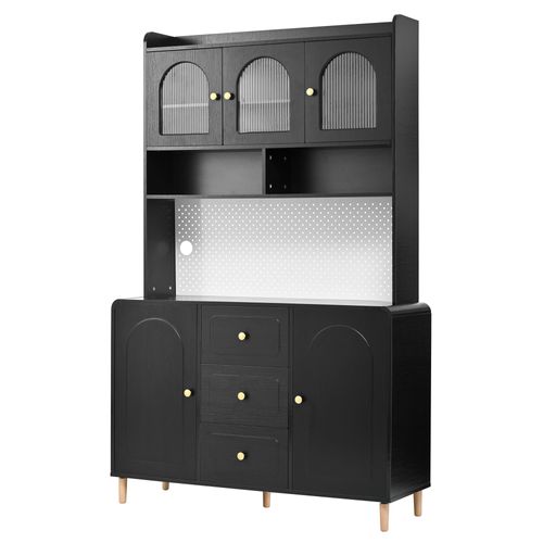 Buffet De Cuisine 120x40x190 Cm, 5 Portes, 3 Tiroirs, Mdf, Verre Cannelé, Noir, Pieds En Bois