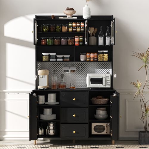 Buffet De Cuisine 120x40x190 Cm, 5 Portes, 3 Tiroirs, Mdf, Verre Cannelé, Noir, Pieds En Bois