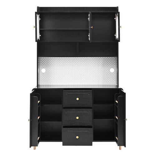 Buffet De Cuisine 120x40x190 Cm, 5 Portes, 3 Tiroirs, Mdf, Verre Cannelé, Noir, Pieds En Bois