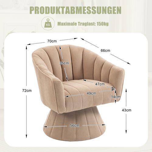 Fauteuil Pivotant 360 Degrés 70x66x72 Cm, Dossier Enveloppant Assise Moelleuse, Velours Côtelé Kaki