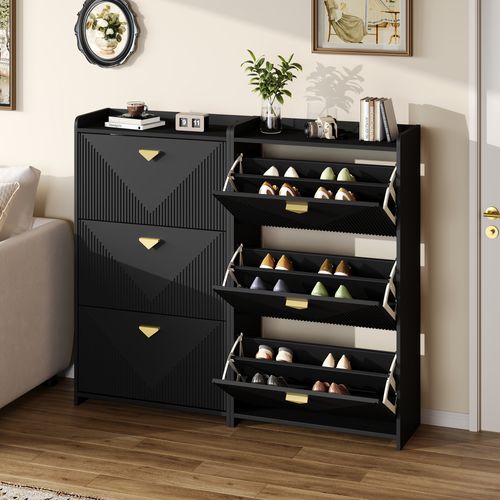 Lot De 2 Meuble à Chaussures 70x30x120 Cm, 3 Portes Rabattables, Séparations Réglables, Mdf, Noir