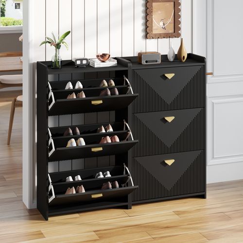 Lot De 2 Meuble à Chaussures 70x30x120 Cm, 3 Portes Rabattables, Séparations Réglables, Mdf, Noir