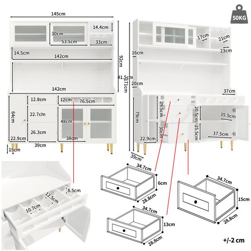 Buffet Haut De Cuisine 145x39x171 Cm, LED Connectée, Rangement Modulable, Mdf Verre Métal, Blanc