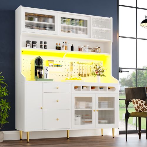 Buffet Haut De Cuisine 145x39x171 Cm, LED Connectée, Rangement Modulable, Mdf Verre Métal, Blanc