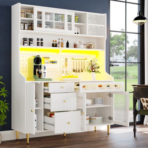 Buffet Haut De Cuisine 145x39x171 Cm, LED Connectée, Rangement Modulable, Mdf Verre Métal, Blanc