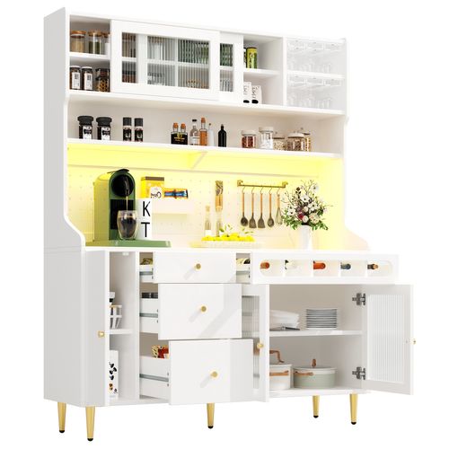 Buffet Haut De Cuisine 145x39x171 Cm, LED Connectée, Rangement Modulable, Mdf Verre Métal, Blanc