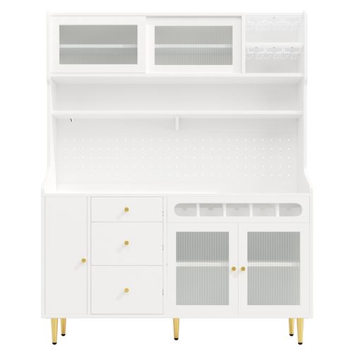 Buffet Haut De Cuisine 145x39x171 Cm, LED Connectée, Rangement Modulable, Mdf Verre Métal, Blanc