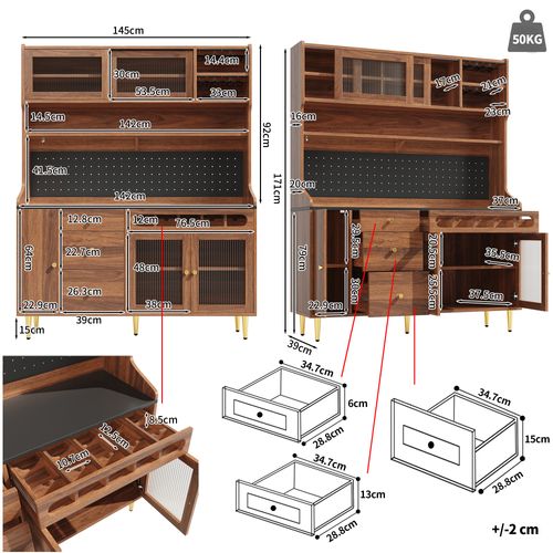 Buffet Haut De Cuisine 145x39x171 Cm, LED Connectée, Avec Cave à Vin, Mdf Et Verre, Brun