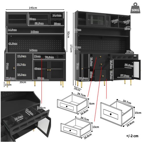 Buffet Haut De Cuisine 145x39x171 Cm, LED Connectée, Rangement Avec Cave à Vin, Mdf Verre, Noir