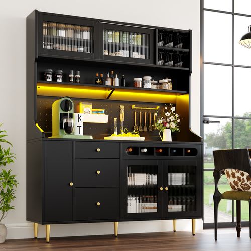 Buffet Haut De Cuisine 145x39x171 Cm, LED Connectée, Rangement Avec Cave à Vin, Mdf Verre, Noir