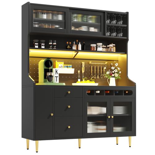 Buffet Haut De Cuisine 145x39x171 Cm, LED Connectée, Rangement Avec Cave à Vin, Mdf Verre, Noir
